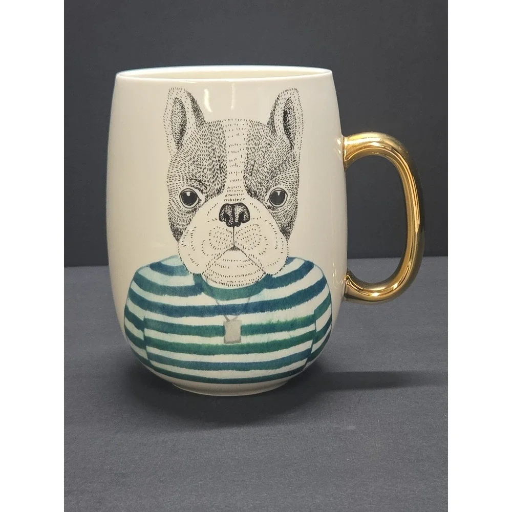 Pier 1 Imports French Bulldog Mug Gold Handle Limited Edition Dog Coffee Cup